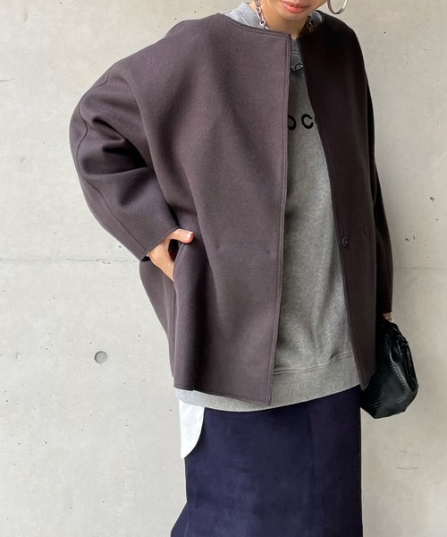 DouDou（ドゥドゥ）の「ダブルフェイスミドル丈コート（ノーカラーコート・レディース・チャコールグレー/グレイッシュベージュ・FREE）」の14枚目の写真