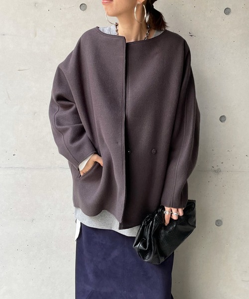 DouDou（ドゥドゥ）の「ダブルフェイスミドル丈コート（ノーカラーコート・レディース・チャコールグレー/グレイッシュベージュ・FREE）」の6枚目の写真