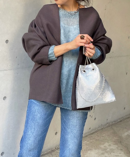 DouDou（ドゥドゥ）の「ダブルフェイスミドル丈コート（ノーカラーコート・レディース・チャコールグレー/グレイッシュベージュ・FREE）」の9枚目の写真