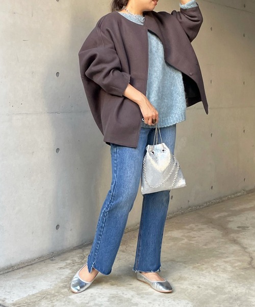 DouDou（ドゥドゥ）の「ダブルフェイスミドル丈コート（ノーカラーコート・レディース・チャコールグレー/グレイッシュベージュ・FREE）」の10枚目の写真