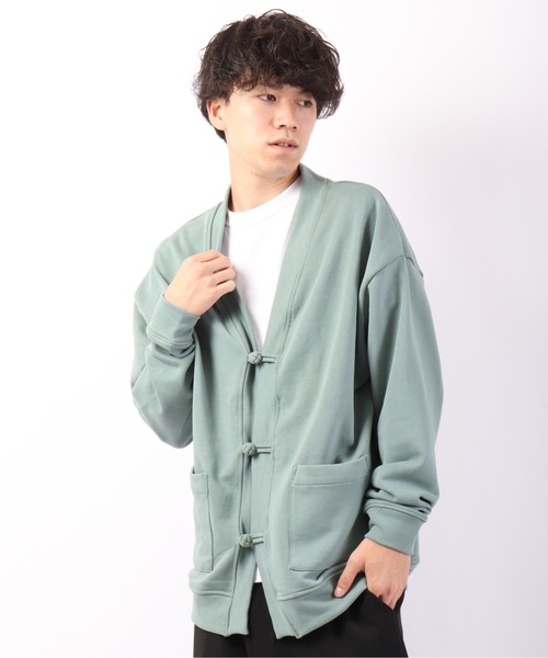SUGGESTION（サジェッション）の「【SUGGESTION】引き揃え起毛 チャイナスウェット ルーズカーディガン（カーディガン/ボレロ・メンズ・セージグリーン/グレイッシュブルー/チャコール・M/L）」の3枚目の写真