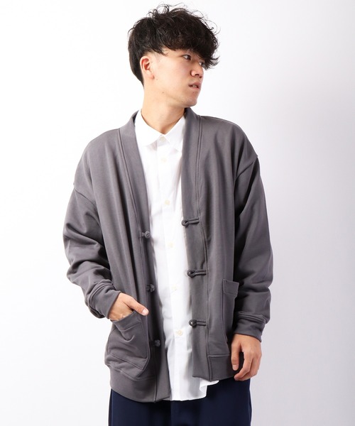 SUGGESTION（サジェッション）の「【SUGGESTION】引き揃え起毛 チャイナスウェット ルーズカーディガン（カーディガン/ボレロ・メンズ・セージグリーン/グレイッシュブルー/チャコール・M/L）」の4枚目の写真