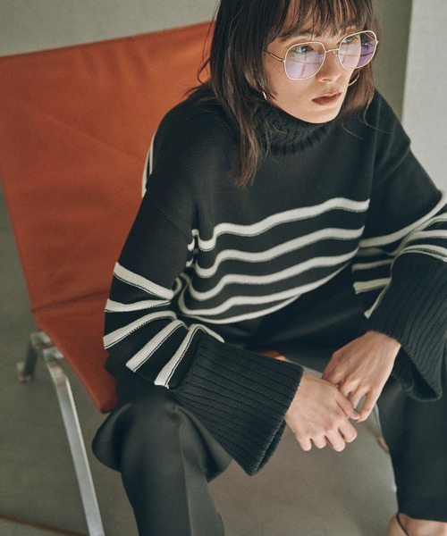 MATURED(マチュアード)の「【MATURED/マチュアード】ボーダータートルニット(ニット/セーター・レディース・ブラック/カーキ・FREE)」の10枚目の写真