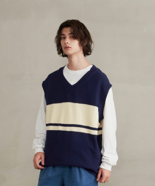 JUGLANS(ユグランス)の「【Revo.】コットンアクリルパネルボーダーニットベスト/メンズ(ベスト・メンズ・ホワイト/ネイビー/ブルー・M/L)」の2枚目の写真