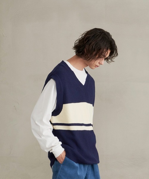 JUGLANS(ユグランス)の「【Revo.】コットンアクリルパネルボーダーニットベスト/メンズ(ベスト・メンズ・ホワイト/ネイビー/ブルー・M/L)」の6枚目の写真