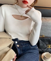 【Jasmine】デコルテ開きドッキングタートルネックニットトップス
