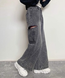 ハイウエスト サイドカッティング ワイドデニムパンツ