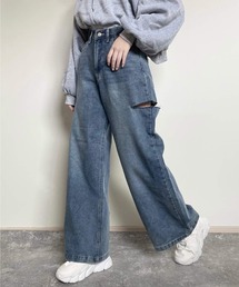 ハイウエスト サイドカッティング ワイドデニムパンツ
