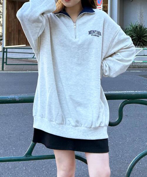 INGNI（イング）の「ハーフZIP胸刺繍ロゴ配色スウェットチュニック（スウェット・レディース・オートミール/ネイビー/グリーン/ベージュ系3・M）」の2枚目の写真