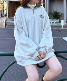 ハーフZIP胸刺繍ロゴ配色スウェットチュニック