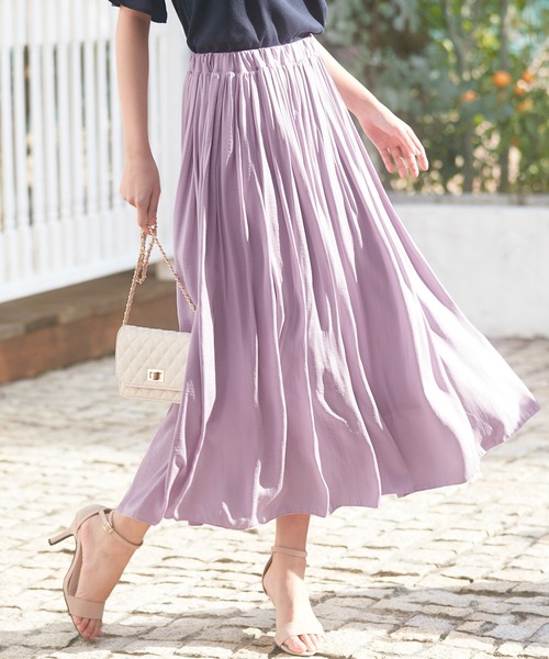 alotta（アロッタ）の「サテン素材ギャザーフレアースカート（スカート・レディース・ブラック/パープル/アイボリー/ミント/ラベンダー/オレンジ/ピンク/オリーブ・LARGE/MEDIUM/X-LARGE/XX-LARGE）」の6枚目の写真