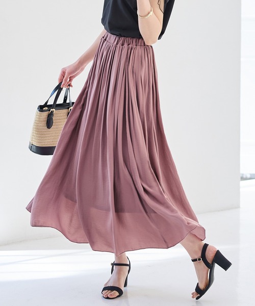 alotta（アロッタ）の「サテン素材ギャザーフレアースカート（スカート・レディース・ブラック/パープル/アイボリー/ミント/ラベンダー/オレンジ/ピンク/オリーブ・LARGE/MEDIUM/X-LARGE/XX-LARGE）」の7枚目の写真