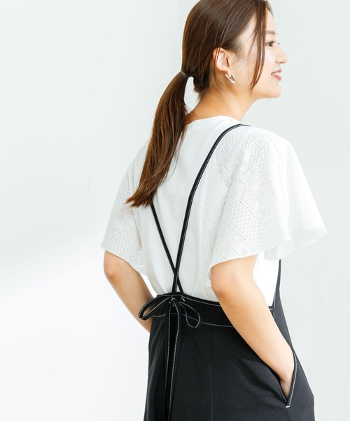 d.i.a.レース付き黒フレアスリーブTシャツ gram. tシャツ 刺繍デザインフレアスリーブハーフジップTシャツ