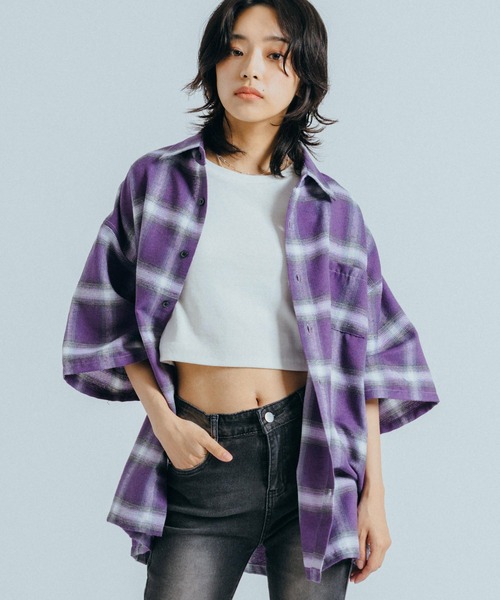 Ressaca（レサーカ）の「オーバーサイズ オンブレチェック半袖シャツ レギュラーカラー（シャツ/ブラウス・レディース・ブラック/ブルー/パープル/イエロー・M/L）」の3枚目の写真