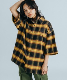 オーバーサイズ オンブレチェック半袖シャツ レギュラーカラー