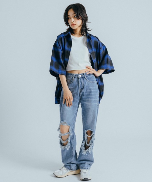 Ressaca（レサーカ）の「オーバーサイズ オンブレチェック半袖シャツ レギュラーカラー（シャツ/ブラウス・レディース・ブラック/ブルー/パープル/イエロー・M/L）」の16枚目の写真