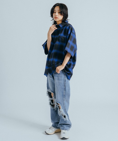 Ressaca（レサーカ）の「オーバーサイズ オンブレチェック半袖シャツ レギュラーカラー（シャツ/ブラウス・レディース・ブラック/ブルー/パープル/イエロー・M/L）」の17枚目の写真