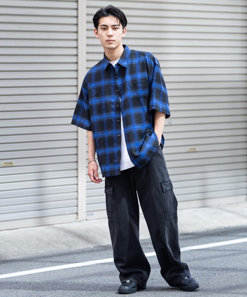 Ressaca（レサーカ）の「オーバーサイズ オンブレチェック半袖シャツ レギュラーカラー（シャツ/ブラウス・レディース・ブラック/ブルー/パープル/イエロー・M/L）」の14枚目の写真