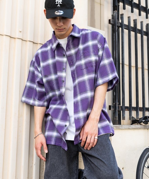 Ressaca（レサーカ）の「オーバーサイズ オンブレチェック半袖シャツ レギュラーカラー（シャツ/ブラウス・レディース・ブラック/ブルー/パープル/イエロー・M/L）」の18枚目の写真