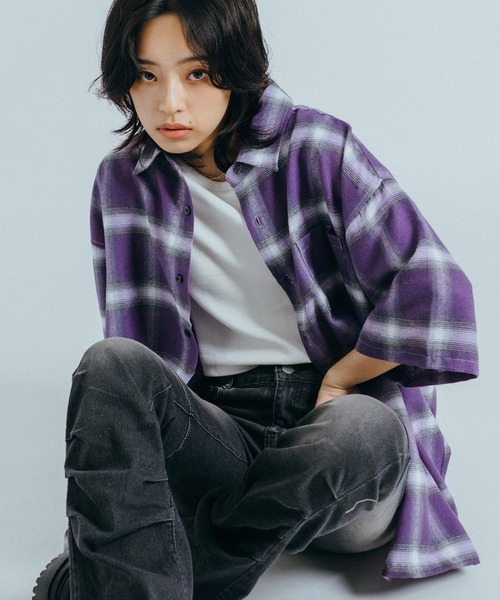 Ressaca（レサーカ）の「オーバーサイズ オンブレチェック半袖シャツ レギュラーカラー（シャツ/ブラウス・レディース・ブラック/ブルー/パープル/イエロー・M/L）」の22枚目の写真