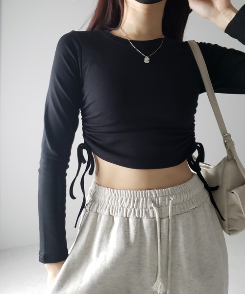 me+em select(ミームセレクト)の「※※【 7color / 3size 】サイドシャーリングリボンショート長袖Tシャツ(Tシャツ/カットソー・レディース・チャコール/モカ/ピンク/ホワイト/グレー/ブラック/ブルー・LARGE/MEDIUM/SMALL)」の8枚目の写真