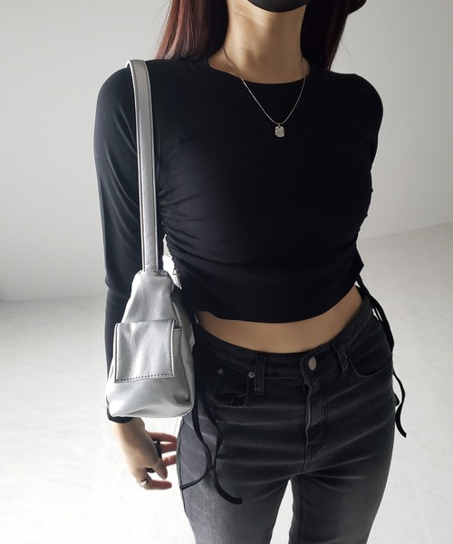 tシャツ サイドシャーリングリボン レイヤード風レース切替カットソー レディース ARCADE tシャツ 春服 フロントシャーリング リボン スクエア