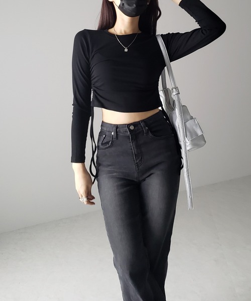 me+em select(ミームセレクト)の「※※【 7color / 3size 】サイドシャーリングリボンショート長袖Tシャツ(Tシャツ/カットソー・レディース・チャコール/モカ/ピンク/ホワイト/グレー/ブラック/ブルー・LARGE/MEDIUM/SMALL)」の12枚目の写真