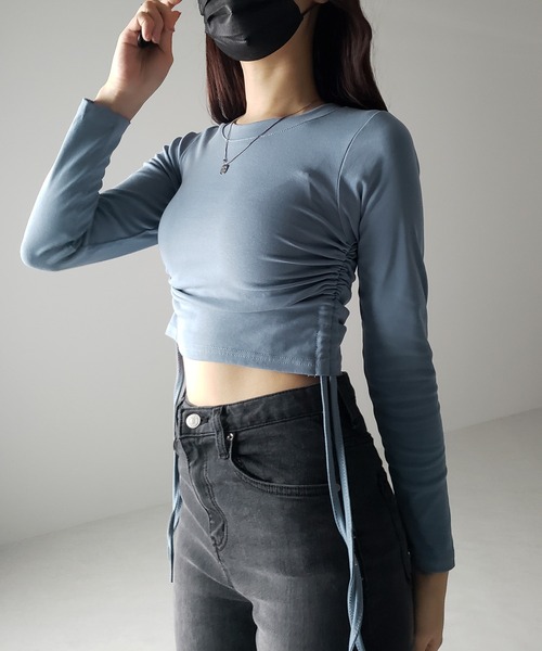 me+em select(ミームセレクト)の「※※【 7color / 3size 】サイドシャーリングリボンショート長袖Tシャツ(Tシャツ/カットソー・レディース・チャコール/モカ/ピンク/ホワイト/グレー/ブラック/ブルー・LARGE/MEDIUM/SMALL)」の15枚目の写真