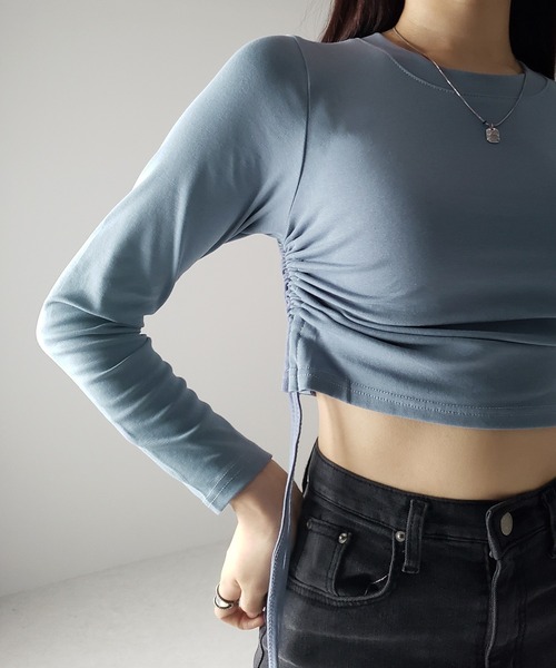 me+em select(ミームセレクト)の「※※【 7color / 3size 】サイドシャーリングリボンショート長袖Tシャツ(Tシャツ/カットソー・レディース・チャコール/モカ/ピンク/ホワイト/グレー/ブラック/ブルー・LARGE/MEDIUM/SMALL)」の16枚目の写真