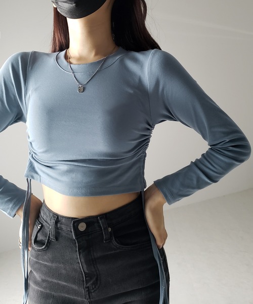 me+em select(ミームセレクト)の「※※【 7color / 3size 】サイドシャーリングリボンショート長袖Tシャツ(Tシャツ/カットソー・レディース・チャコール/モカ/ピンク/ホワイト/グレー/ブラック/ブルー・LARGE/MEDIUM/SMALL)」の17枚目の写真