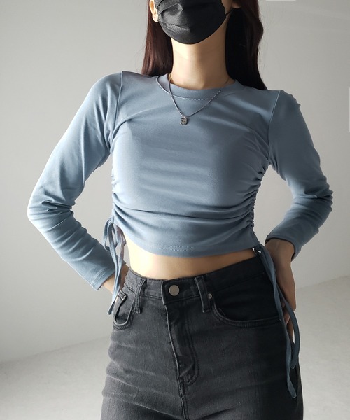 me+em select(ミームセレクト)の「※※【 7color / 3size 】サイドシャーリングリボンショート長袖Tシャツ(Tシャツ/カットソー・レディース・チャコール/モカ/ピンク/ホワイト/グレー/ブラック/ブルー・LARGE/MEDIUM/SMALL)」の18枚目の写真