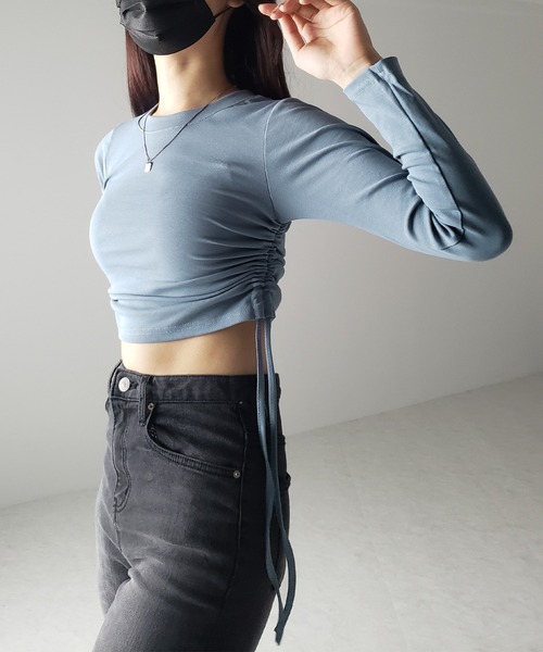 me+em select(ミームセレクト)の「※※【 7color / 3size 】サイドシャーリングリボンショート長袖Tシャツ(Tシャツ/カットソー・レディース・チャコール/モカ/ピンク/ホワイト/グレー/ブラック/ブルー・LARGE/MEDIUM/SMALL)」の19枚目の写真