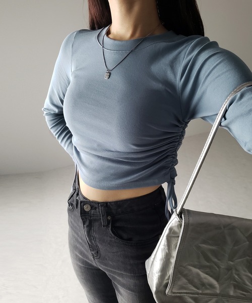 me+em select(ミームセレクト)の「※※【 7color / 3size 】サイドシャーリングリボンショート長袖Tシャツ(Tシャツ/カットソー・レディース・チャコール/モカ/ピンク/ホワイト/グレー/ブラック/ブルー・LARGE/MEDIUM/SMALL)」の20枚目の写真