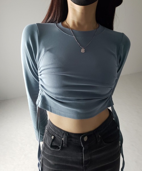 me+em select(ミームセレクト)の「※※【 7color / 3size 】サイドシャーリングリボンショート長袖Tシャツ(Tシャツ/カットソー・レディース・チャコール/モカ/ピンク/ホワイト/グレー/ブラック/ブルー・LARGE/MEDIUM/SMALL)」の21枚目の写真
