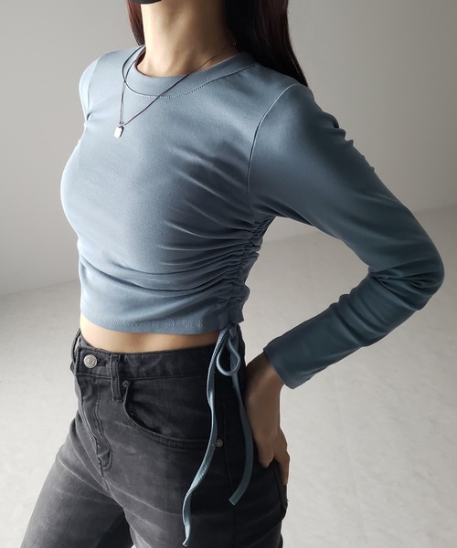 me+em select(ミームセレクト)の「※※【 7color / 3size 】サイドシャーリングリボンショート長袖Tシャツ(Tシャツ/カットソー・レディース・チャコール/モカ/ピンク/ホワイト/グレー/ブラック/ブルー・LARGE/MEDIUM/SMALL)」の22枚目の写真
