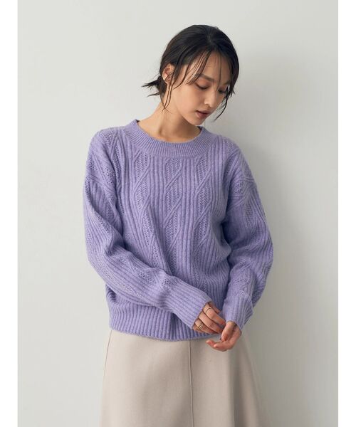 YECCA VECCA（イェッカヴェッカ）の「ダイヤ柄ケーブル編みニット（ニット/セーター・レディース・パープル/グレー/アイボリー・FREE）」の5枚目の写真