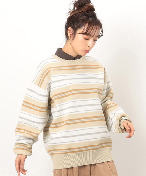 ONIGIRI(オニギリ)の「ボーダーニット プルオーバー(ニット/セーター・レディース・ネイビー/ベージュ・FREE)」の1枚目の写真