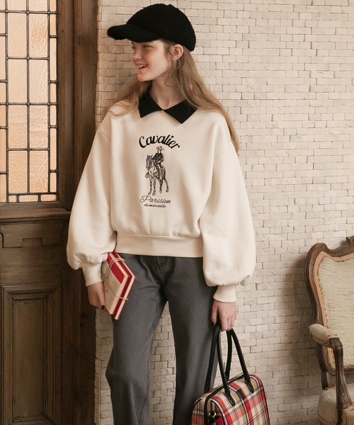 BONLECILL(ボンルシール)の「裏起毛ホースマン刺繍 配色ポロスウェットプルオーバー(スウェット・レディース・チャコールグレー/グリーン/アイボリー/ネイビー/レッド・FREE)」の6枚目の写真