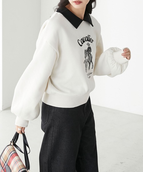 BONLECILL(ボンルシール)の「裏起毛ホースマン刺繍 配色ポロスウェットプルオーバー(スウェット・レディース・チャコールグレー/グリーン/アイボリー/ネイビー/レッド・FREE)」の22枚目の写真