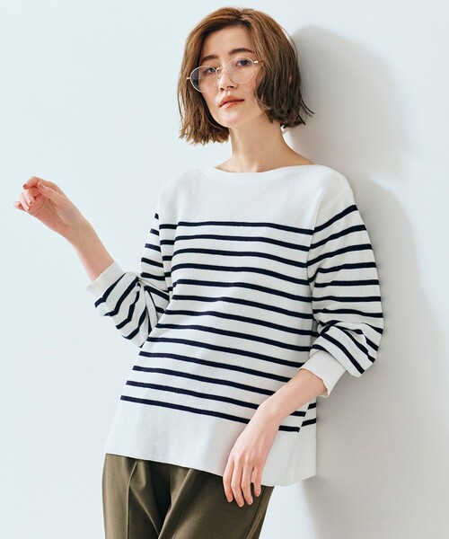 grove（グローブ）の「◆ハイツイストコットン混ボートネックプルオーバー（ニット/セーター・レディース・オフホワイト/ブルー/ホワイト系5・01/02/03/04/05）」の2枚目の写真