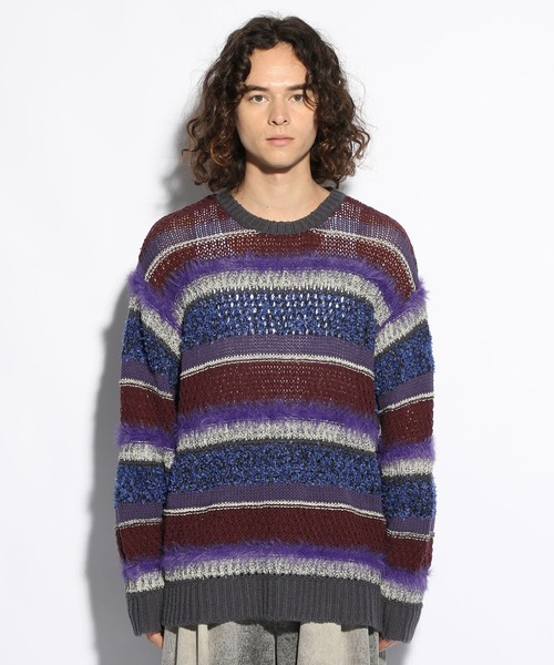 HARE（ハレ）の「MIXヤーンボーダーニット(HARE)（ニット/セーター・メンズ・ブラック/パープル・FREE）」の8枚目の写真