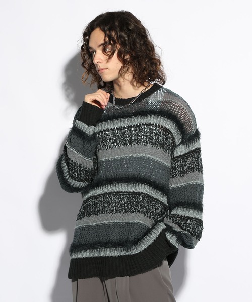 HARE（ハレ）の「MIXヤーンボーダーニット(HARE)（ニット/セーター・メンズ・ブラック/パープル・FREE）」の4枚目の写真