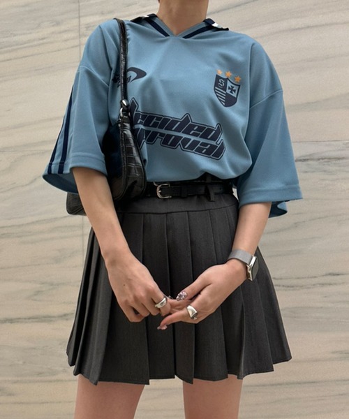 Snap club（スナップクラブ）の「【Snap club】サイドライン半袖ゲームシャツ（Tシャツ/カットソー・レディース・ブラック/グレイッシュブルー/アイボリー/ネイビー・M/L）」の4枚目の写真