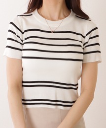 パネルボーダー クルーネック 半袖 ニット Tシャツ