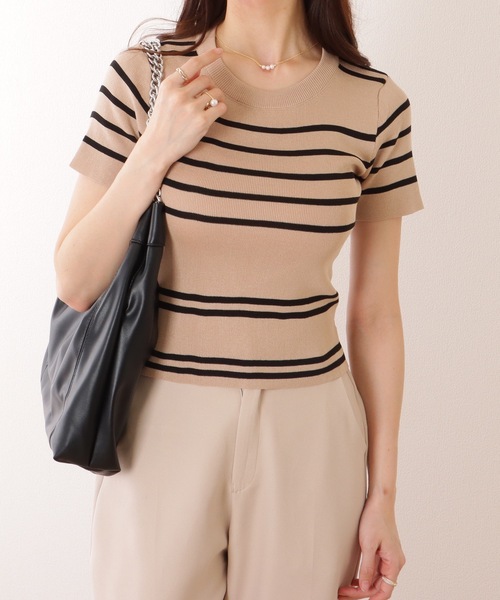 Lace Ladies(レースレディース)の「パネルボーダー クルーネック 半袖 ニット Tシャツ(ニット/セーター・レディース・ブラック/ホワイト/ベージュ/アイボリー・FREE)」の3枚目の写真