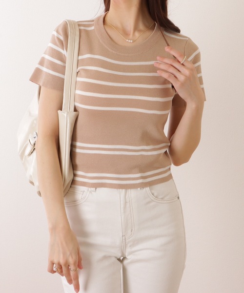 Lace Ladies(レースレディース)の「パネルボーダー クルーネック 半袖 ニット Tシャツ(ニット/セーター・レディース・ブラック/ホワイト/ベージュ/アイボリー・FREE)」の10枚目の写真
