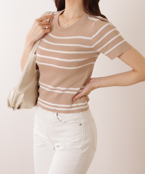 Lace Ladies(レースレディース)の「パネルボーダー クルーネック 半袖 ニット Tシャツ(ニット/セーター・レディース・ブラック/ホワイト/ベージュ/アイボリー・FREE)」の11枚目の写真