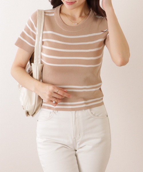 Lace Ladies(レースレディース)の「パネルボーダー クルーネック 半袖 ニット Tシャツ(ニット/セーター・レディース・ブラック/ホワイト/ベージュ/アイボリー・FREE)」の13枚目の写真