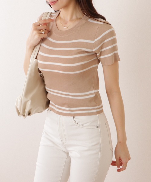 Lace Ladies(レースレディース)の「パネルボーダー クルーネック 半袖 ニット Tシャツ(ニット/セーター・レディース・ブラック/ホワイト/ベージュ/アイボリー・FREE)」の14枚目の写真