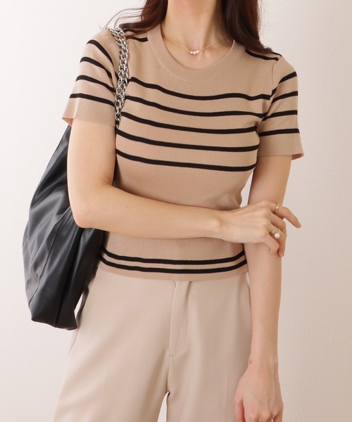 Lace Ladies(レースレディース)の「パネルボーダー クルーネック 半袖 ニット Tシャツ(ニット/セーター・レディース・ブラック/ホワイト/ベージュ/アイボリー・FREE)」の16枚目の写真